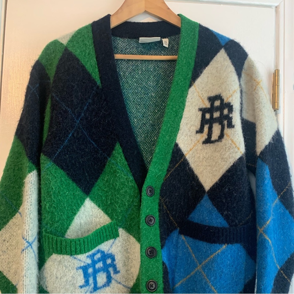 Banana Republic Oversized Sweater Women Blue Green Argyle Cardigan Thick Preppy